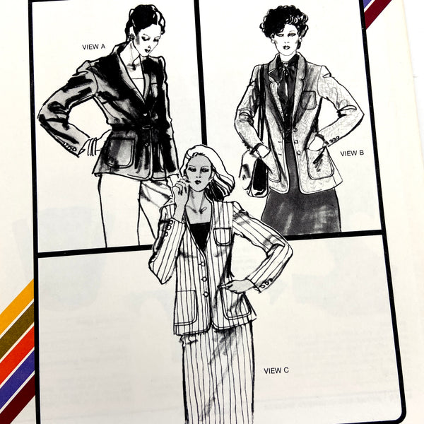 The front cover of the advertised sewing pattern, picturing three women wearing jackets with lapel collars, patch pockets, and buttons. 