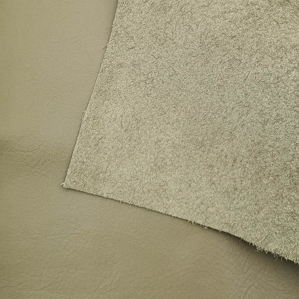 A close-up photo of our Olive Taupe Leather, showing both the suede and finished sides.