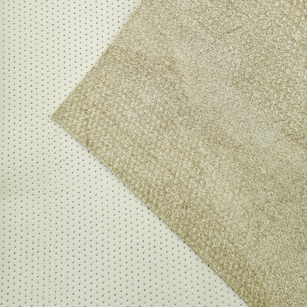 A close-up photo of our Perforated Light Tan Leather, showing both the suede and finished sides.