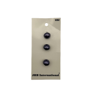 Three iridescent black buttons on a beige card with 'JHB International' branding.
