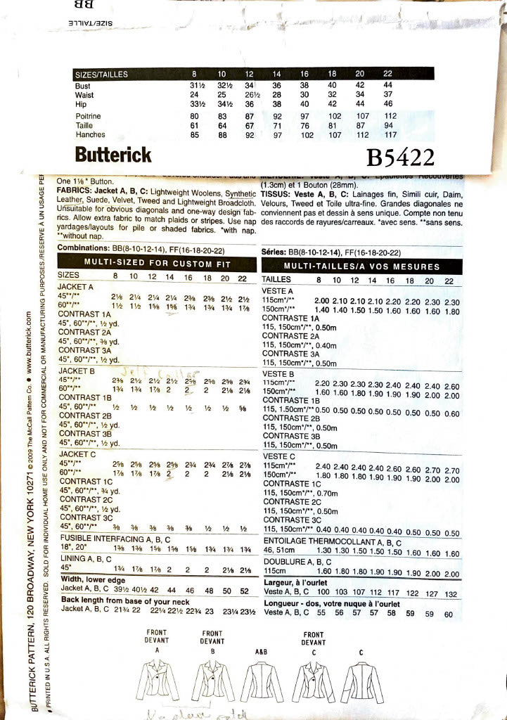 Butterick B5422 | Misses' Jacket | Size 8-14