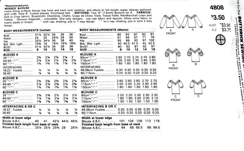 Butterick 4808 Dorothy Hamill | Misses' Blouse | Size 10