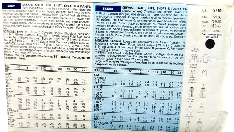 Butterick Classics 4928 | Misses' Shirt, Top, Skirt, Shorts, & Pants | Size 12-16