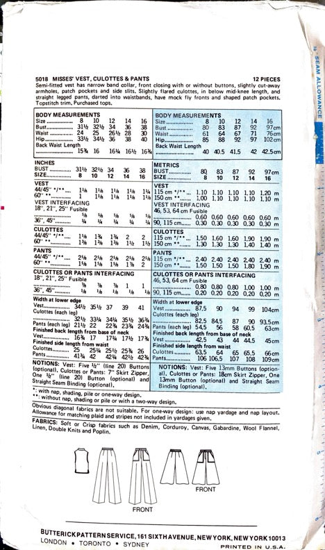 Butterick 5018 | Misses' Vest, Culottes, & Pants | Size 12