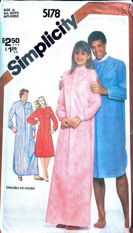 Simplicity 5178 | Misses' and Men's Pullover Nightshirt in Two Lengths | Size A- All Sizes Incl