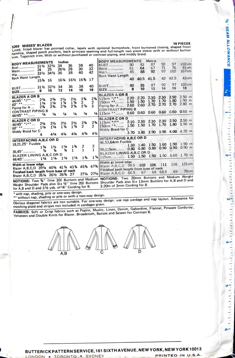 Butterick 5269 | Misses' Blazer | Size 12