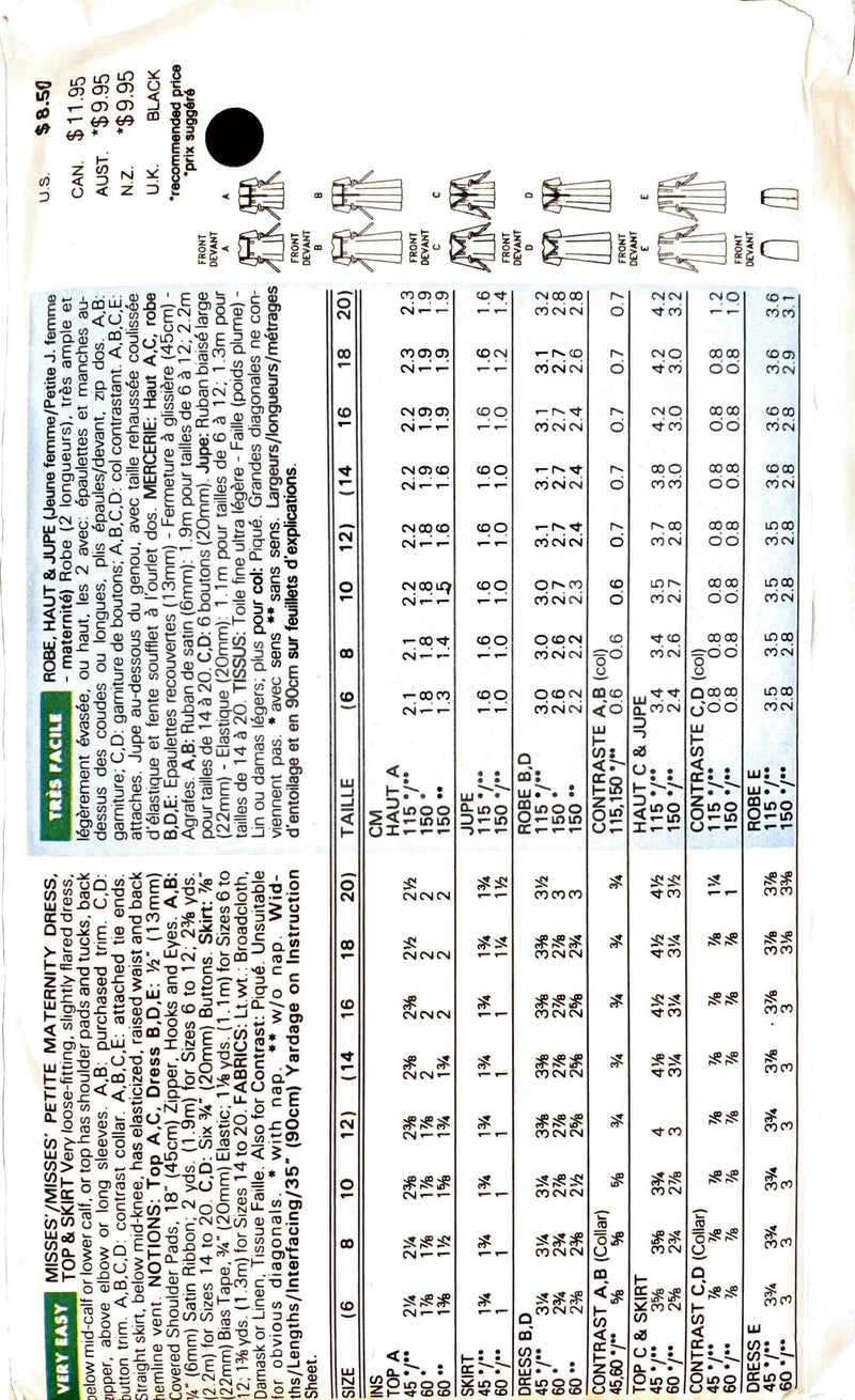 Butterick Classics 5280 | Misses' Petite Maternity Dress, Top, & Skirt | Size 14-20