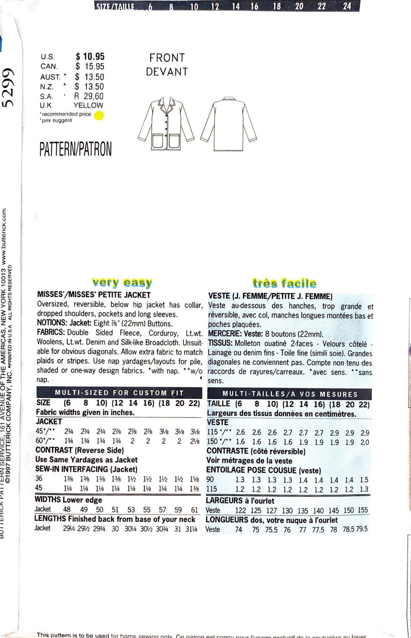 Butterick Fast & Easy 5299 | Misses' Petite Jacket | Size 12-16