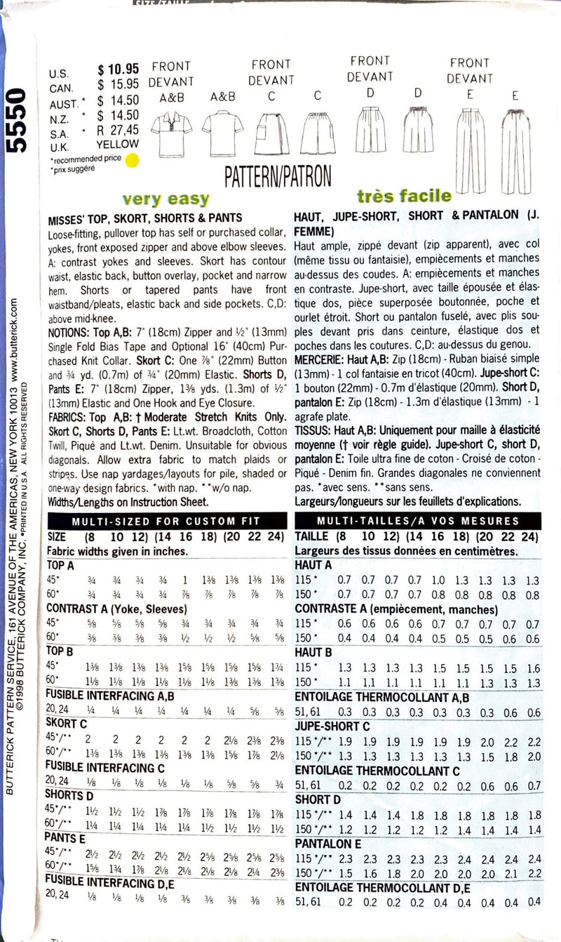 Butterick 5550 | Misses' Top, Skort, Shorts, & Pants | Size 8-12