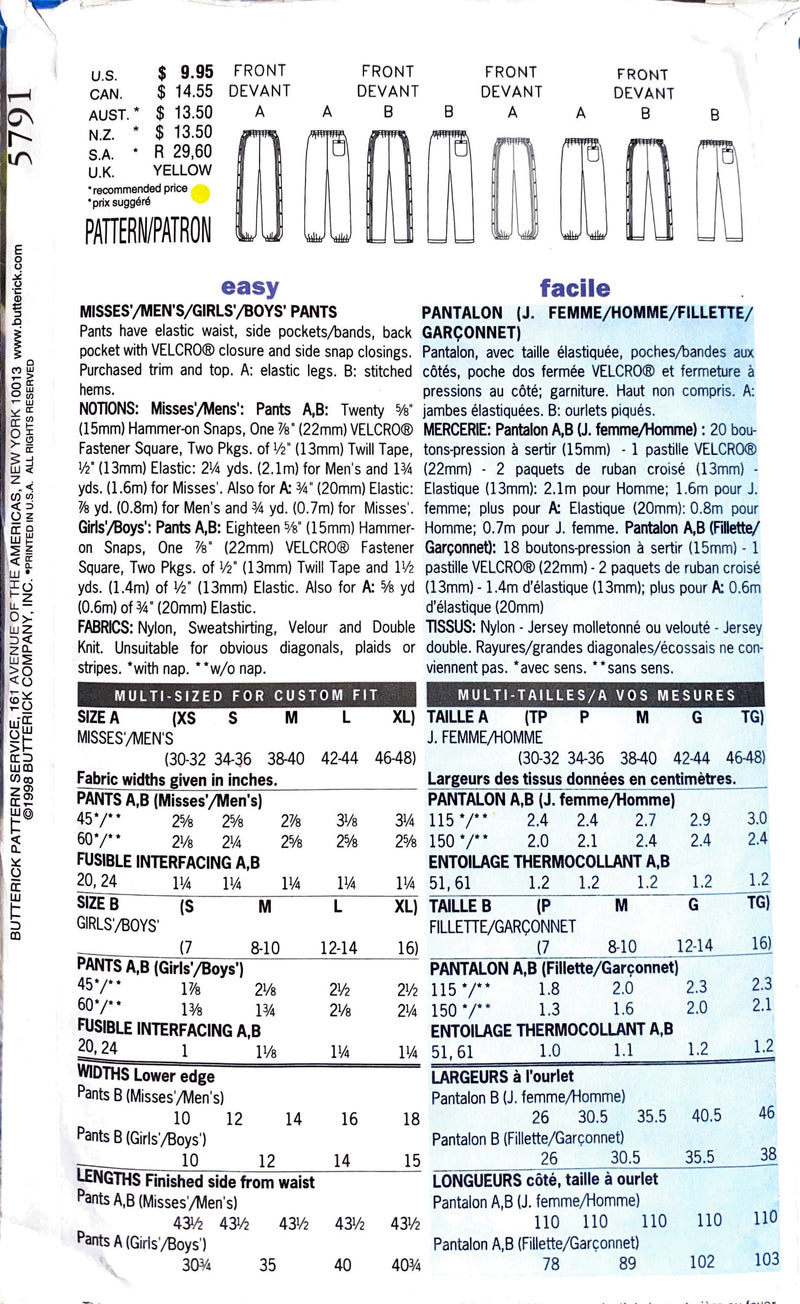 Butterick 5791 ©️1998 | Misses'/Men's/Girl's/Boy's Pants  | Size A/XS-XL