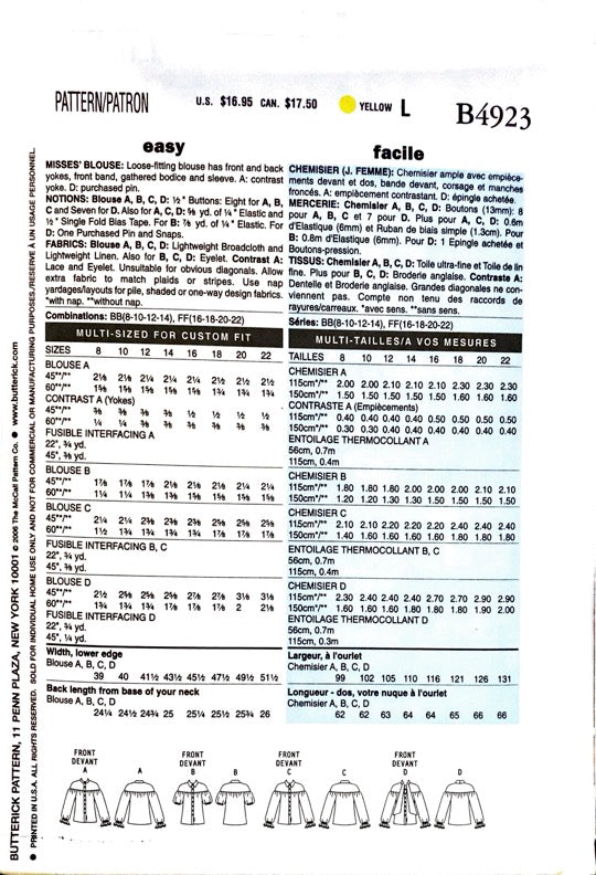 Butterick B4923 | Misses' Blouse | Size 8-14