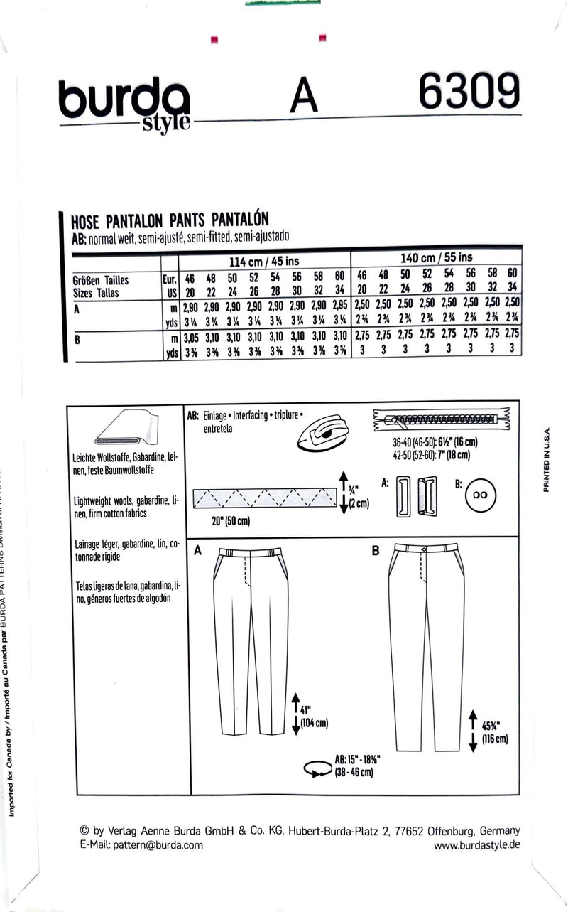 Burda 6309 | Adult Pants | Size 20-34