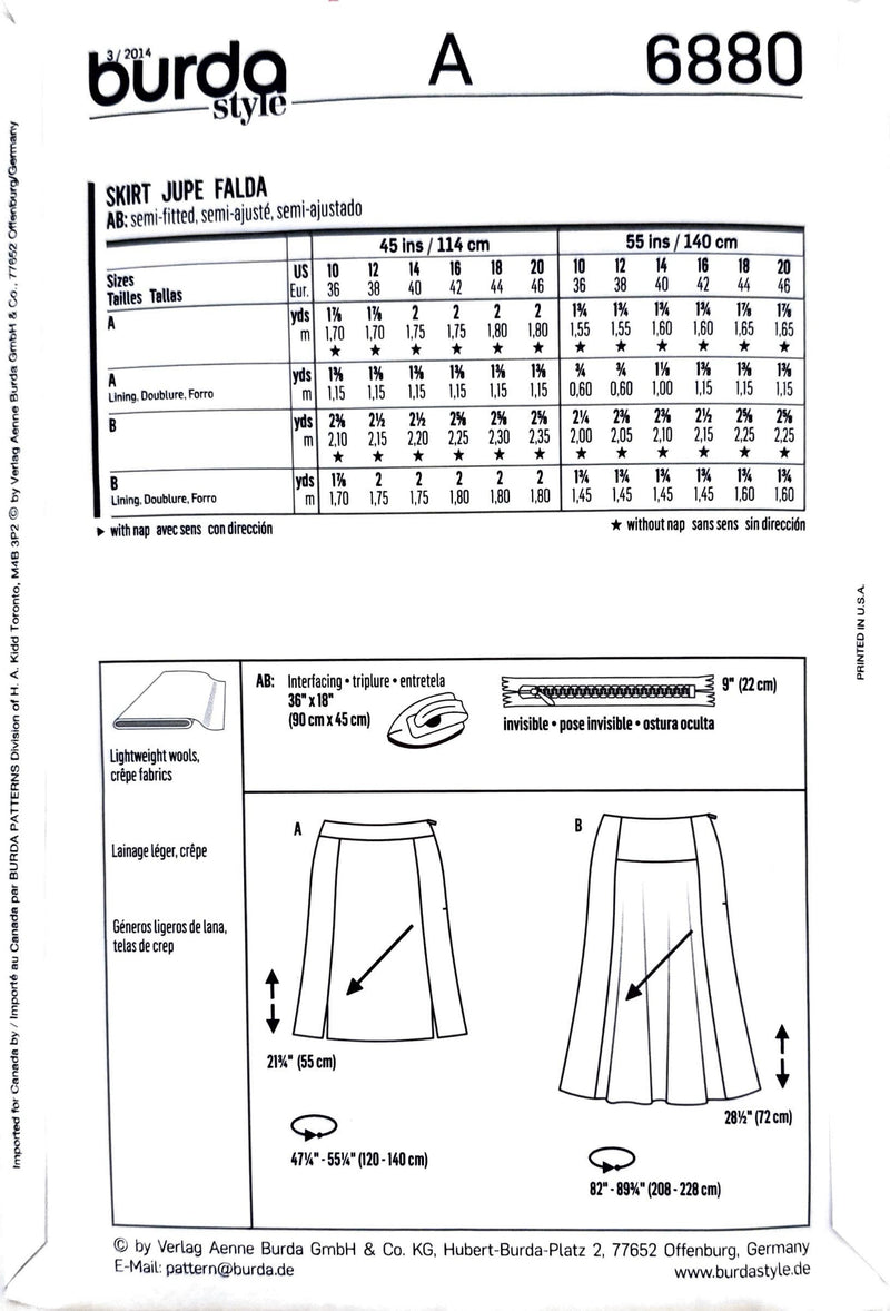 Burda 6880 | Adult Skirt | Size 10-20