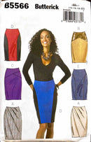 Butterick pattern 85566 for a skirt with color options displayed.