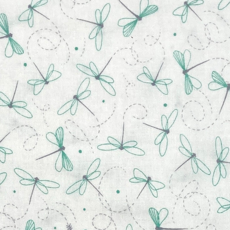 Teal and gray dragonflies on white with teal and gray dots and flight paths