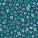Floral pattern with pink, white, and green flowers on a blue background