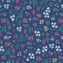 Pattern of small flowers and plants on a blue background