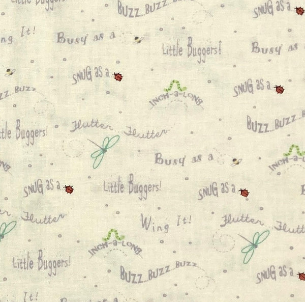 Ladybugs, caterpillars, dragonflies and bees on ivory with light gray words and dots