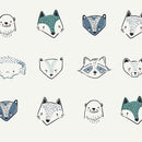 Pattern of stylized animal faces including fox, wolf, and raccoon on a white background.