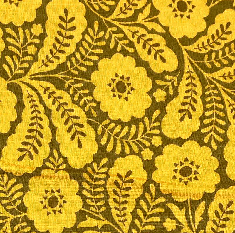Geometric-style floral and leaf motifs in a golden yellow on a dark olive green background.