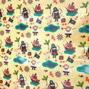 PUL fabric with Pirate-themed fabric print on a pale yellow background, featuring cartoon pirates, ships, treasure chests, palm trees, flags, and scrolls in red, black, teal, and brown.