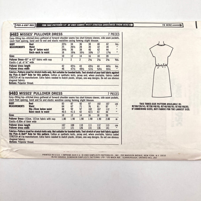 Simplicity 9483 | Adult Pullover Dress | Size 12, 14 and 16