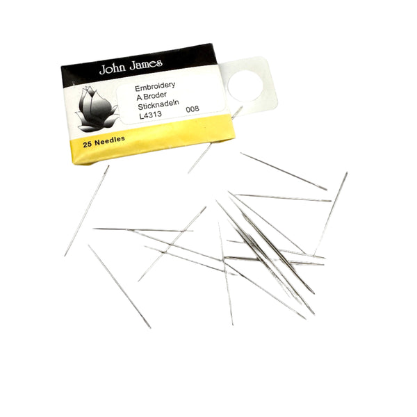 Embroidery needles with a John James brand label on a white background