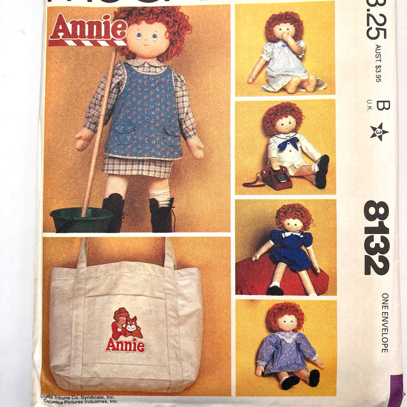 McCall's 8132 | Annie Doll Clothes, Shoes and Tote Bag and Four Color Iron-on Transfer | Crafts