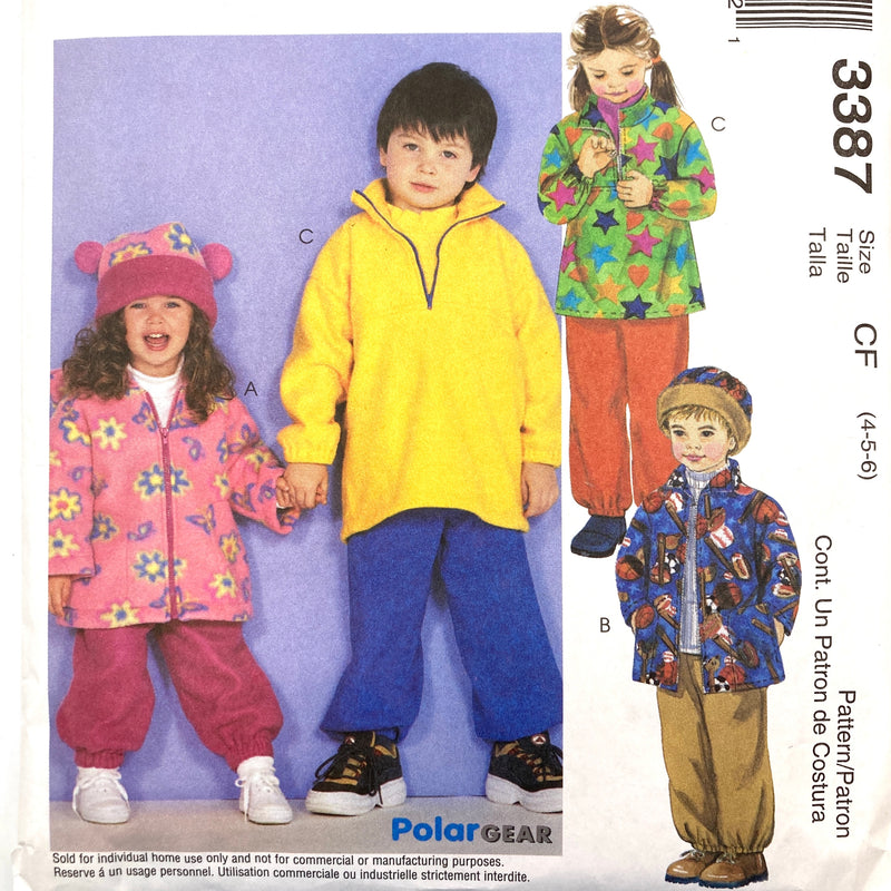 McCall's 3387 | Toddlers' and Kids' Jackets, Pullover top, Pull-on Pants and Hat | Sizes 4-5-6