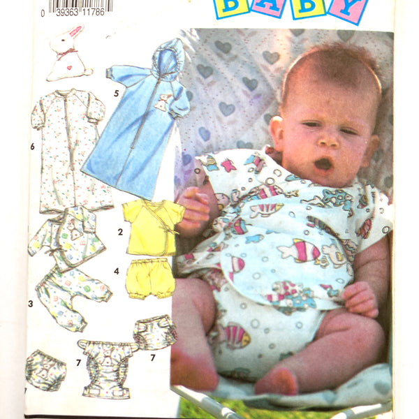 Simplicity 7523 | Baby Diaper Cover, Pants, Panties, Shirt, Buntin or Sacque and Stuffed Toy | Sizes NB-12Mo