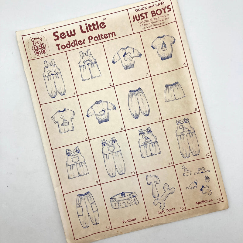 Sew Little Quick and Easy Toddler Pattern "Just Boys" | Toddler Overalls, Shortalls, Tops, Pants, Shorts, Toolbelt, Soft Tools and Appliques | Sizes 1-4T