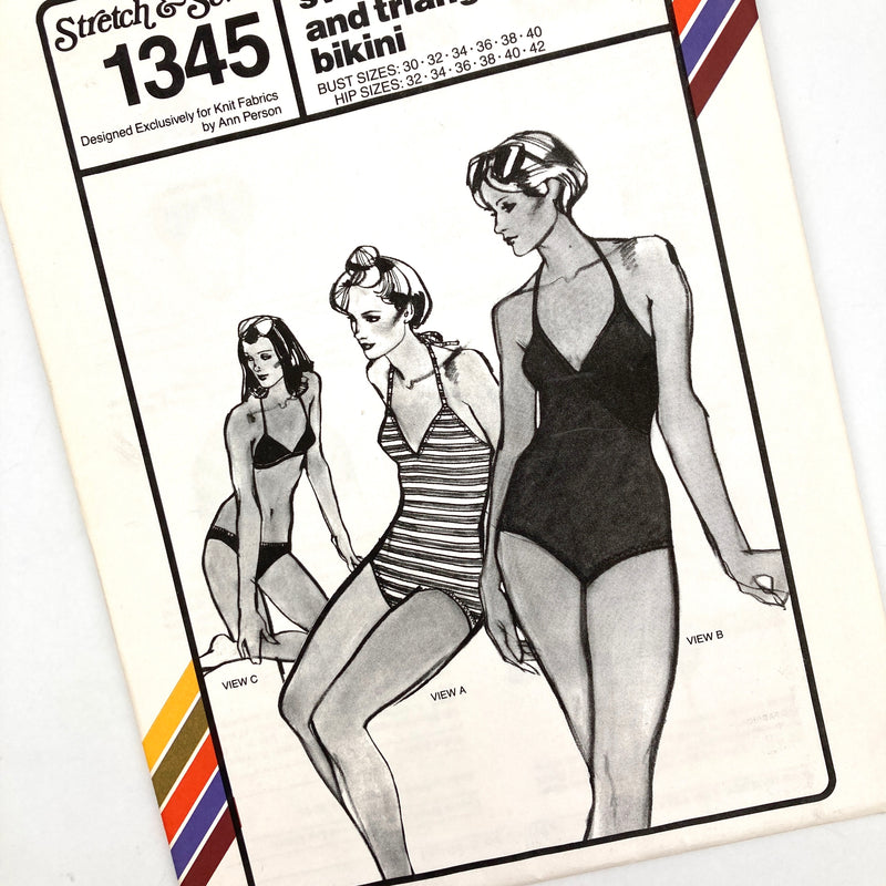 Stretch & Sew 1345 | Adult V-Neck Swimsuits and Triangle Bikini | Bust Sizes 30-32-34-36-38-40, Hip Sizes 32-34-36-38-40-42