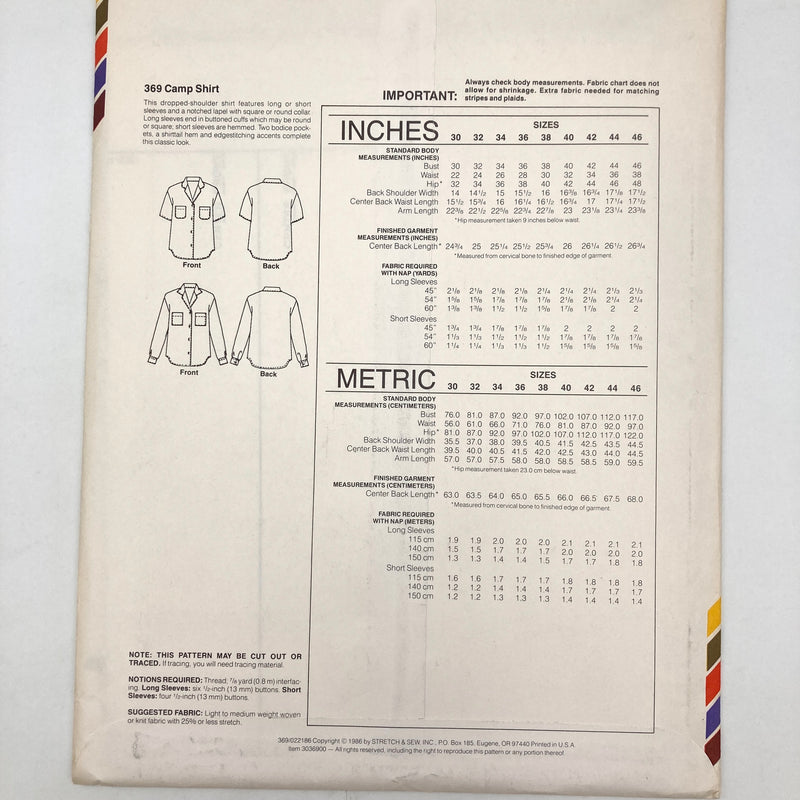Stretch & Sew 369 | Adult Camp Shirt | Bust Sizes 30-32-34-36-38-40-42-44-46