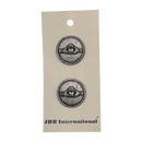 Two silver circular earrings on a JHB International card.
