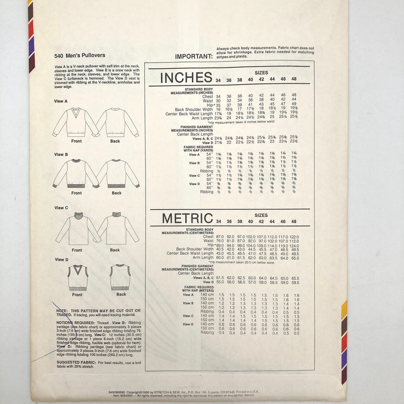 Stretch & Sew 540 | Adult Pullovers | Chest Sizes 34-36-38-40-42-44-46-48