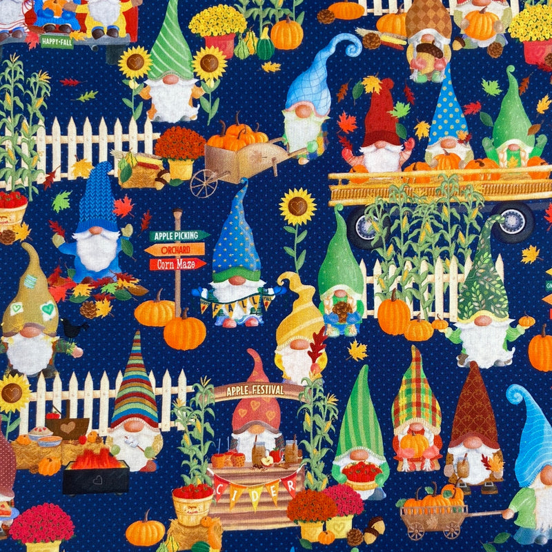 Happy Fall Scenic Dark Blue | Falling for Gnomes | Quilting Cotton