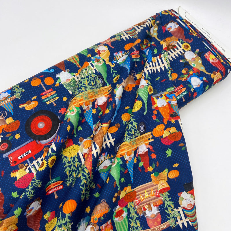Happy Fall Scenic Dark Blue | Falling for Gnomes | Quilting Cotton