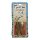 A bias tape maker tool in its original retail blister packaging, featuring a metallic silver tool mounted on a red backing card with a light blue floral border.