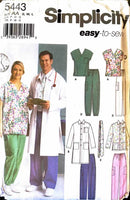 Simplicity 5443 | Women's & Men's Scrub Top, Jacket in Two Lengths, Pants, Tie, and Hairband | Size Sm-Lg
