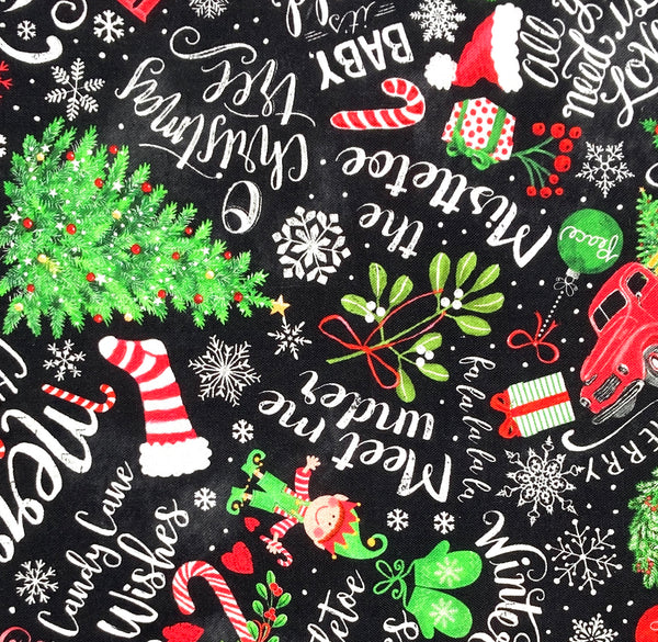 Holiday Chalkboard Words and Motifs Black | Timeless Treasures Gail | Quilting Cotton