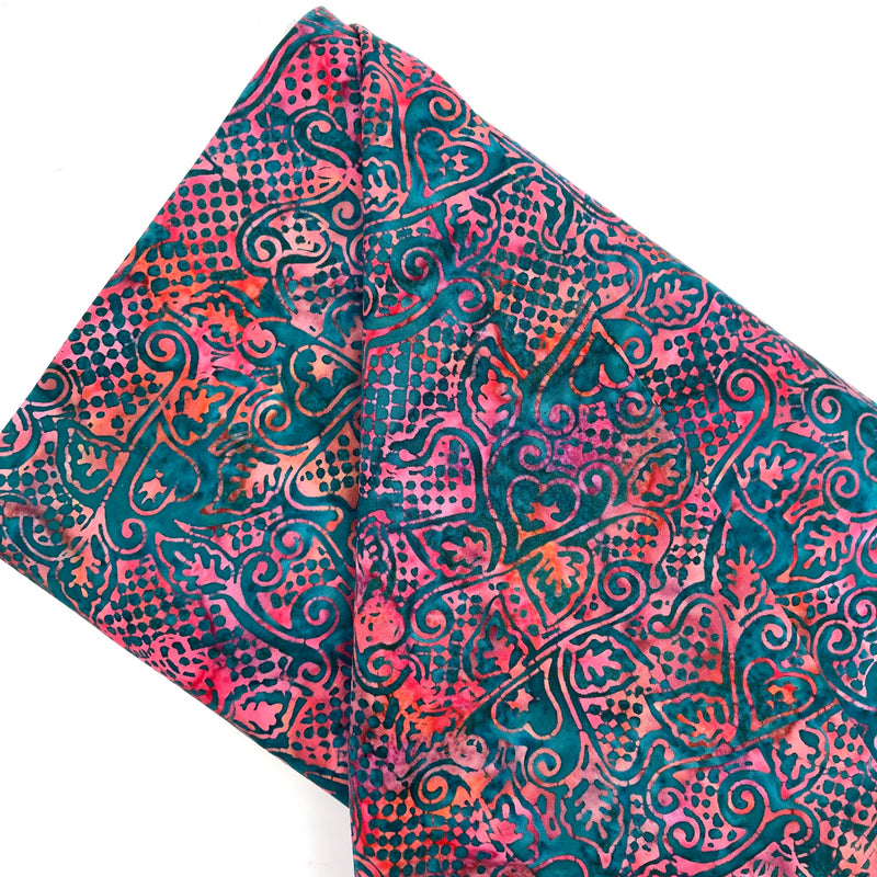 Queen of Hearts Pink and Teal | Batik Textiles | Quilting Cotton