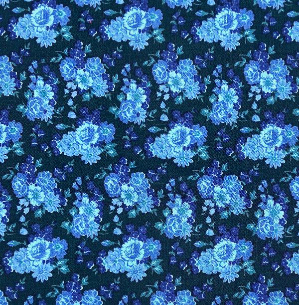 Blue bouquets of flowers on a dark blue green background.