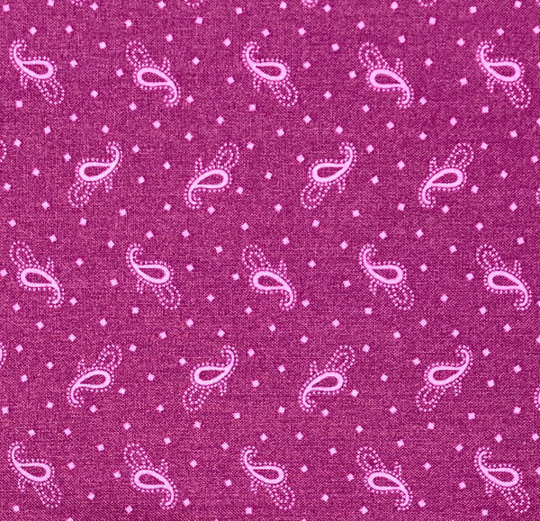 Light magenta pink paisley and square polka dots on a dark magenta red purple background.