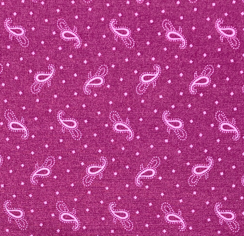 Light magenta pink paisley and square polka dots on a dark magenta red purple background.
