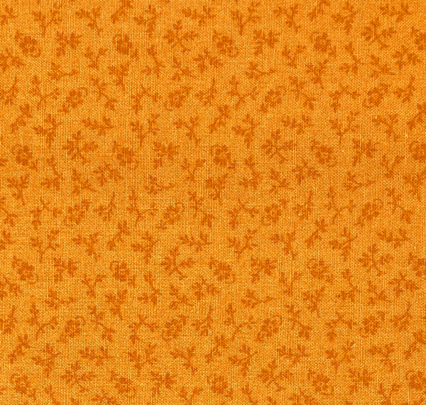 Dark orange sprigs, branches and flowers on a medium orange background.