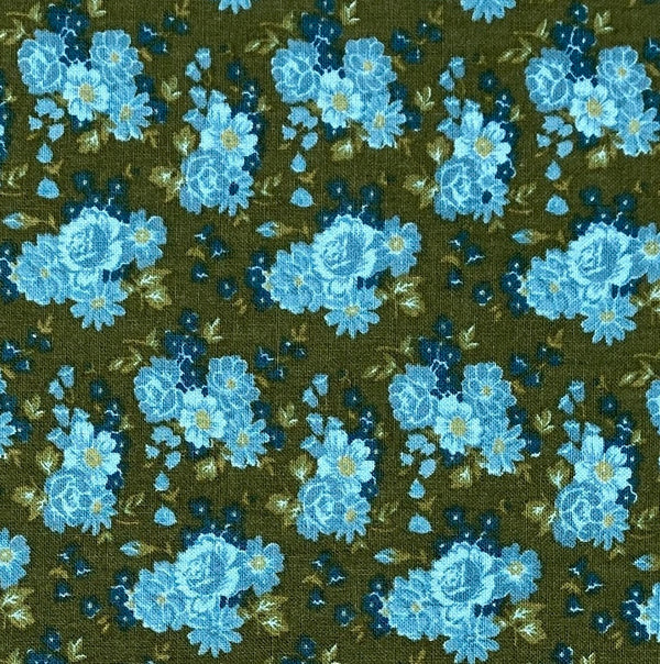 Bouquets of blue roses on a dark olive background.