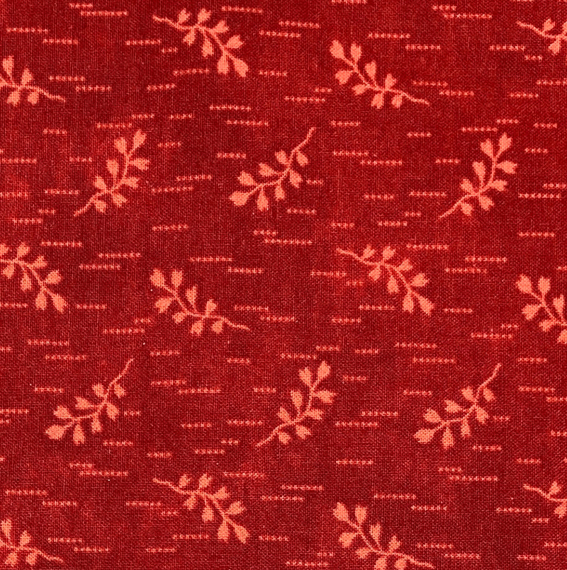 Red vines with leaves and dotted dashes on a dark red burgundy background.