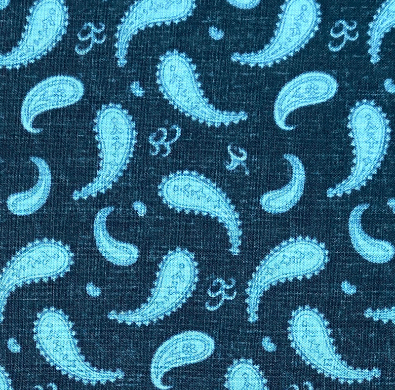 Light teal paisley and abstract designs on a dark teal background.