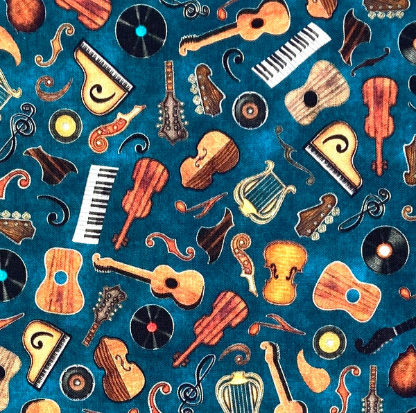 A variety of instruments and albums on a teal background