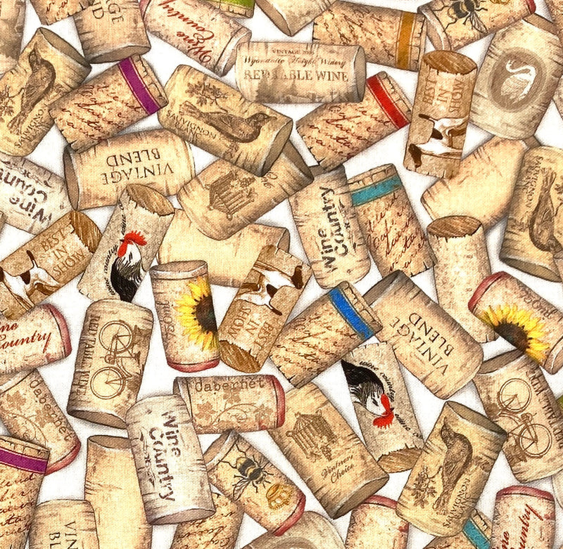 A variety of country and farm decorated wine corks featuring roosters, bees, goats, sunflowers, birds and bicycles